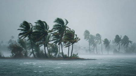 Tropical storm palm trees and rough ocean wavesの写真素材