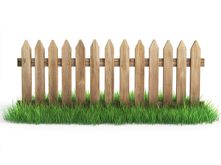 Wooden fence on green grass isolated on white background. 3d illustrationの写真素材
