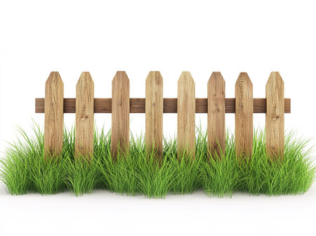 Wooden fence with green grass isolated on white background. 3d illustrationの写真素材