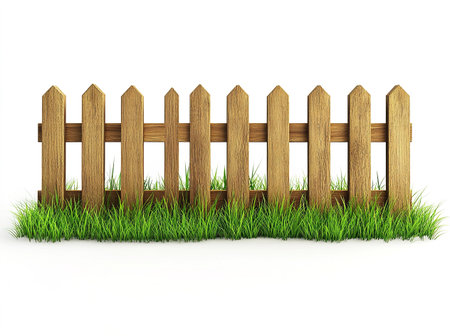 Wooden fence with green grass isolated on white background. 3d renderの写真素材