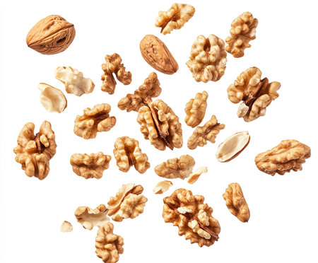Walnuts isolated on white background. Top view. Flat lay.の写真素材