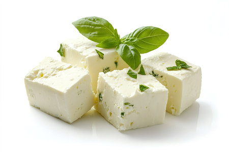 Feta cheese with basil and olive oil on a white background.の写真素材