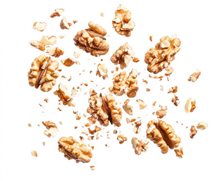 Pile of peeled walnuts isolated on white background, top viewの写真素材