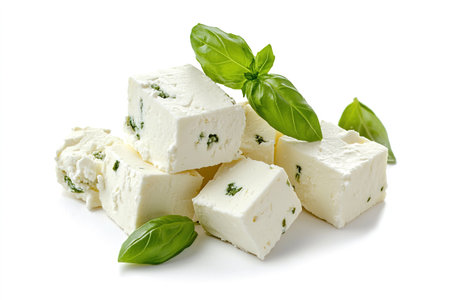Cubes of feta cheese with basil isolated on white background.の写真素材