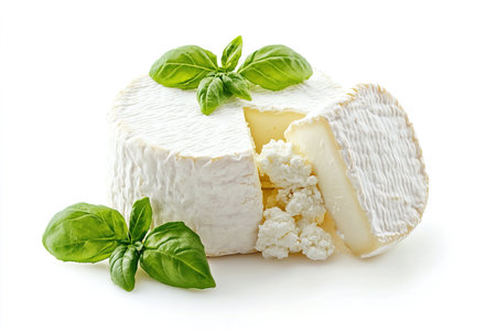 Camembert cheese with basil leaves isolated on a white background.の写真素材