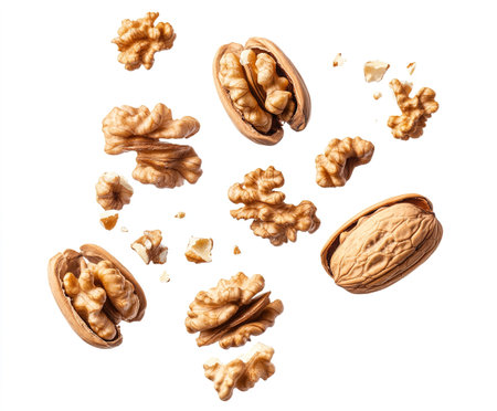 Walnut kernels and whole walnuts isolated on white background, top viewの写真素材