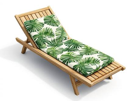 3d rendering of a deck chair with tropical leaves isolated on white backgroundの写真素材