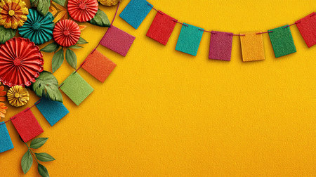 Festive yellow background with paper flowers and buntingの写真素材