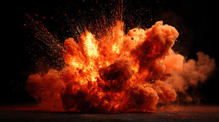 Fiery explosion with orange smoke and debrisの写真素材