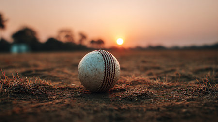 Cricket ball at sunset on dusty fieldの写真素材