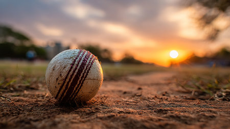 Cricket ball at sunset on dusty fieldの写真素材