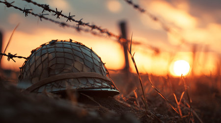 Military helmet at sunset with barbed wire