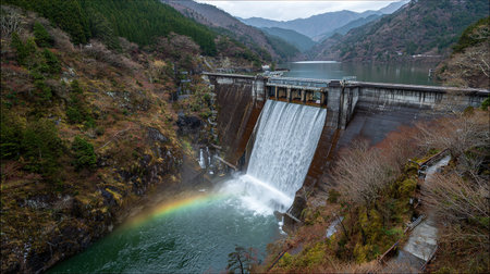 Japanese dam waterfall with rainbow in autumnの写真素材