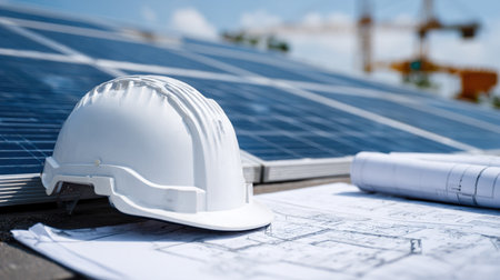 Hard hat and blueprints resting on solar panelsの写真素材