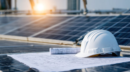Solar panel installation plans with hard hatの写真素材