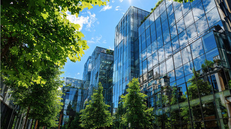 Modern glass office buildings with lush green trees