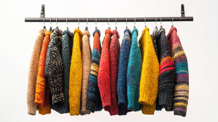 Colorful knitted sweaters hanging on a hanger isolated on white backgroundの写真素材