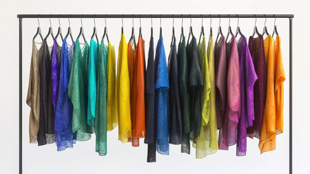 Colorful linen blouses hanging on rackの写真素材