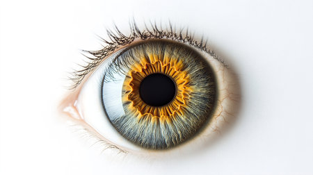 Closeup of a human eye with hazel iris and eyelashesの写真素材