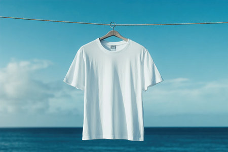 Blank white t shirt hanging outdoors by the oceanの写真素材