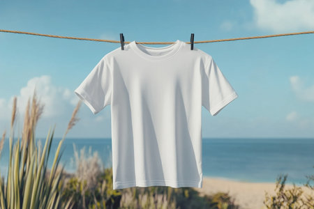 White t-shirt hanging on clothesline with sea background. Mock up, 3D Renderingの写真素材