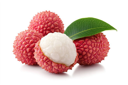 Fresh lychee fruits with leaves isolated on white background cutoutの写真素材