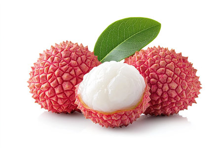 Fresh lychee fruit with leaf isolated on the white background.の写真素材
