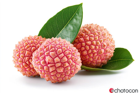 Fresh lychee fruit with leaves isolated on the white background.の写真素材
