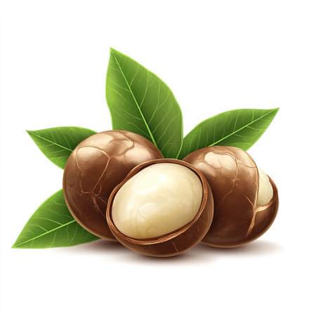 Macadamia nuts with leaves isolated on white background. Realistic vector illustration.の写真素材