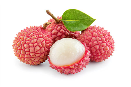Fresh lychee fruit with leaf isolated on the white background.の写真素材