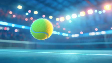 Tennis ball in motion on indoor courtの写真素材