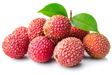 Fresh lychee fruit with leaves isolated on the white background.の写真素材