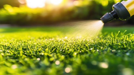 Watering green grass lawn in sunny gardenの写真素材