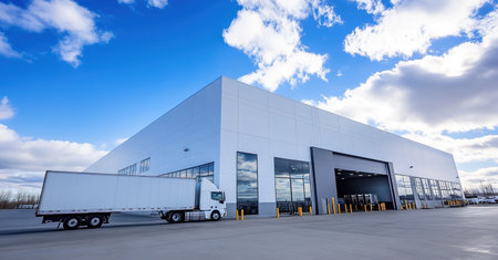 Modern distribution center with semi truck under blue skyの写真素材