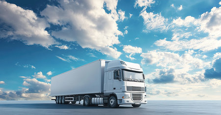 White semi truck on open road under blue skyの写真素材