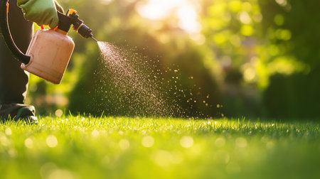 Person spraying fertilizer on lush green lawn in sunlightの写真素材