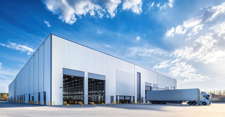 Modern distribution center with semi truck under blue skyの写真素材