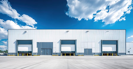 Modern warehouse exterior with loading docks and blue skyの写真素材