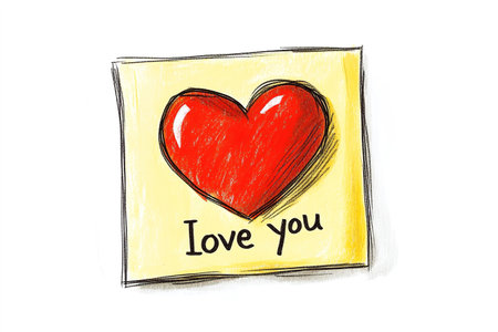 Hand drawn yellow note with red heart and love youの写真素材