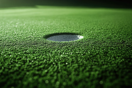 Closeup of golf hole on lush green putting greenの写真素材
