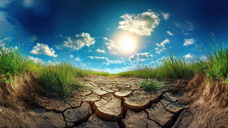 Cracked earth path under bright sunny skyの写真素材