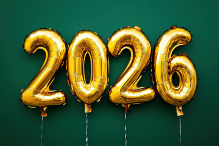 Gold balloons number 2026 on green backgroundの写真素材