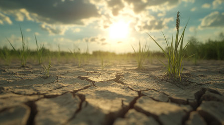 Young plants growing in dry cracked earth at sunset