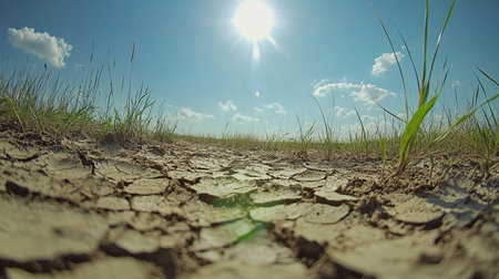 Dry cracked earth under bright sun with sparse grassの写真素材