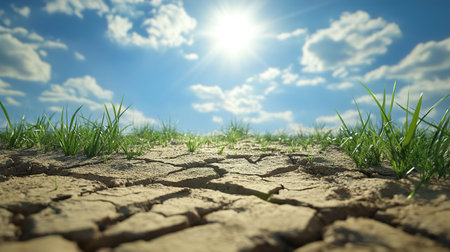 Young grass growing in dry cracked earth under sunny skyの写真素材