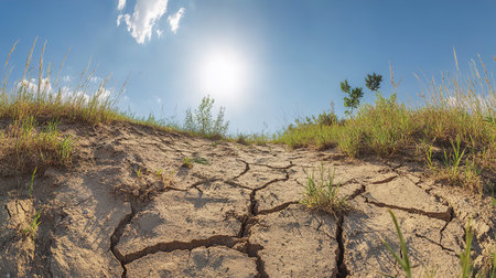 Dry cracked earth under bright sunny skyの写真素材