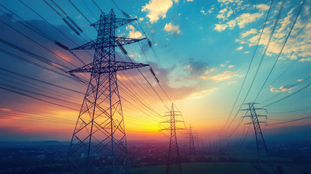 High voltage power lines at sunset landscapeの写真素材