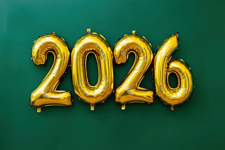 Gold number balloons 2026 on green background