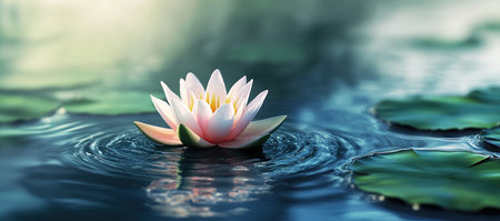 Serene pink water lily floating on calm waterの写真素材