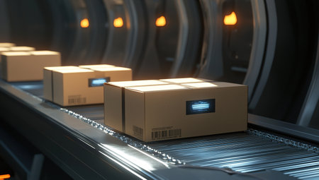 Cardboard boxes moving on a conveyor belt in a warehouseの写真素材
